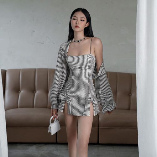 Suspender off Shoulder Slim Fit Sheath Striped Two Piece Dress in Dresses