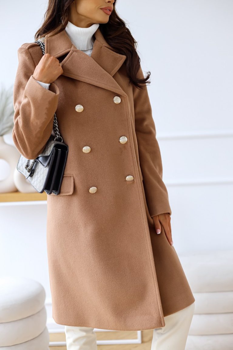 Long Sleeve Collared Double Breasted Woolen Coat - Modeprima.com