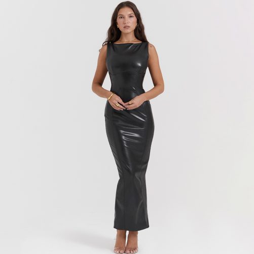 Faux Leather Skinny Sheath Long Black Sleeveless Vest Split Dress in Dresses