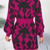 Casual Color Matching Hollow Out Cutout out Lantern Sleeve Fitted Waist Sweater Dress in Dresses