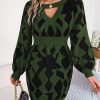 Casual Color Matching Hollow Out Cutout out Lantern Sleeve Fitted Waist Sweater Dress in Dresses