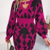 Casual Color Matching Hollow Out Cutout out Lantern Sleeve Fitted Waist Sweater Dress in Dresses
