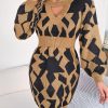 Casual Color Matching Hollow Out Cutout out Lantern Sleeve Fitted Waist Sweater Dress in Dresses