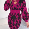 Casual Color Matching Hollow Out Cutout out Lantern Sleeve Fitted Waist Sweater Dress in Dresses