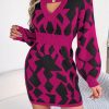 Casual Color Matching Hollow Out Cutout out Lantern Sleeve Fitted Waist Sweater Dress in Dresses