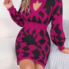 Casual Color Matching Hollow Out Cutout out Lantern Sleeve Fitted Waist Sweater Dress in Dresses