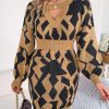 Casual Color Matching Hollow Out Cutout out Lantern Sleeve Fitted Waist Sweater Dress in Dresses