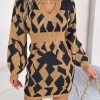 Casual Color Matching Hollow Out Cutout out Lantern Sleeve Fitted Waist Sweater Dress in Dresses