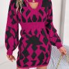Casual Color Matching Hollow Out Cutout out Lantern Sleeve Fitted Waist Sweater Dress in Dresses