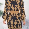 Casual Color Matching Hollow Out Cutout out Lantern Sleeve Fitted Waist Sweater Dress in Dresses