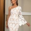 Sexy One Shoulder Bell Shaped Sleeve Convex Pattern Lace Tight Dress in Dresses