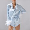 Fall Christmas Artificial Silk Blue Feather Detachable Long Sleeve Shorts Pajamas in Pajamas Sets