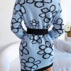 Contrast Color Floral Long Sleeve Base Knitting Woolen Dress in Dresses