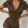 Solid Color Polo Collar Breasted Rib Tight Casual Basic Romper in Jumpsuits Rompers