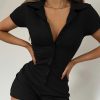 Solid Color Polo Collar Breasted Rib Tight Casual Basic Romper in Jumpsuits Rompers
