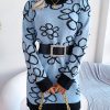 Contrast Color Floral Long Sleeve Base Knitting Woolen Dress in Dresses