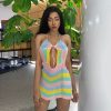 Wave Striped Contrast Color Halter Straps Backless Chest Hollow Out Dress in Dresses