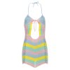 Wave Striped Contrast Color Halter Straps Backless Chest Hollow Out Dress in Dresses
