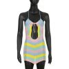 Wave Striped Contrast Color Halter Straps Backless Chest Hollow Out Dress in Dresses
