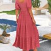 Bubble Sleeve Square Collar Back Pleated Short Sleeve Pocket Dress in Dresses