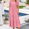 Bubble Sleeve Square Collar Back Pleated Short Sleeve Pocket Dress in Dresses