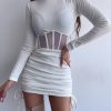 Mesh Hollow Out Cutout Waist Long Sleeve Pleating Mini Dress in Dresses