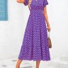 V Collar Bubble Pleated Print Short Sleeve Pocket Dress in Dresses