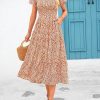 V Collar Bubble Pleated Print Short Sleeve Pocket Dress in Dresses