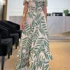 Printed Off Neck Elastic Waist Large Swing Holiday Dress in Dresses