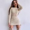 Mesh Hollow Out Cutout Waist Long Sleeve Pleating Mini Dress in Dresses