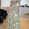 Printed Off Neck Elastic Waist Large Swing Holiday Dress in Dresses