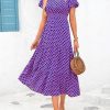 V Collar Bubble Pleated Print Short Sleeve Pocket Dress in Dresses