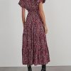 V Collar Bubble Pleated Print Short Sleeve Pocket Dress in Dresses