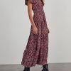V Collar Bubble Pleated Print Short Sleeve Pocket Dress in Dresses