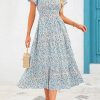 V Collar Bubble Pleated Print Short Sleeve Pocket Dress in Dresses