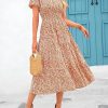 V Collar Bubble Pleated Print Short Sleeve Pocket Dress in Dresses