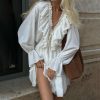 V Neck Pleating Bell Sleeve Ruffled White Dress in Dresses