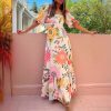 Off Neck Printed Lantern Sleeve Slim Fit Large Swing Cotton Linen Dress in Dresses