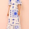 Off Neck Printed Lantern Sleeve Slim Fit Large Swing Cotton Linen Dress in Dresses