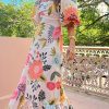 Off Neck Printed Lantern Sleeve Slim Fit Large Swing Cotton Linen Dress in Dresses