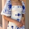 Off Neck Printed Lantern Sleeve Slim Fit Large Swing Cotton Linen Dress in Dresses