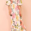 Off Neck Printed Lantern Sleeve Slim Fit Large Swing Cotton Linen Dress in Dresses