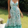 V Neck Floral Backless Lace-Up Maxi Dress in Dresses