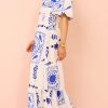 Off Neck Printed Lantern Sleeve Slim Fit Large Swing Cotton Linen Dress in Dresses