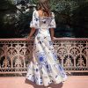 Off Neck Printed Lantern Sleeve Slim Fit Large Swing Cotton Linen Dress in Dresses