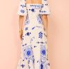 Off Neck Printed Lantern Sleeve Slim Fit Large Swing Cotton Linen Dress in Dresses