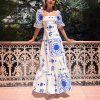 Off Neck Printed Lantern Sleeve Slim Fit Large Swing Cotton Linen Dress in Dresses
