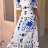 Off Neck Printed Lantern Sleeve Slim Fit Large Swing Cotton Linen Dress in Dresses