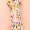 Off Neck Printed Lantern Sleeve Slim Fit Large Swing Cotton Linen Dress in Dresses