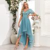 Deep V Plunge Short Sleeve Sequined Irregular Asymmetric Multi Layer Mesh Bridesmaid Prom Dress in Dresses